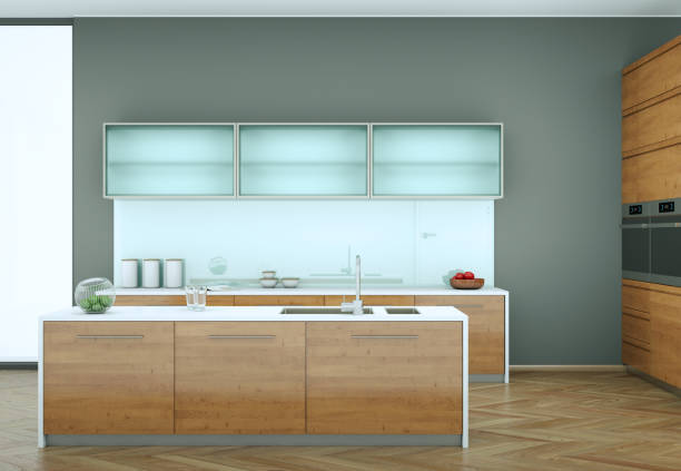 istock Wooden modern kitchen in a loft with grey wall 999504878