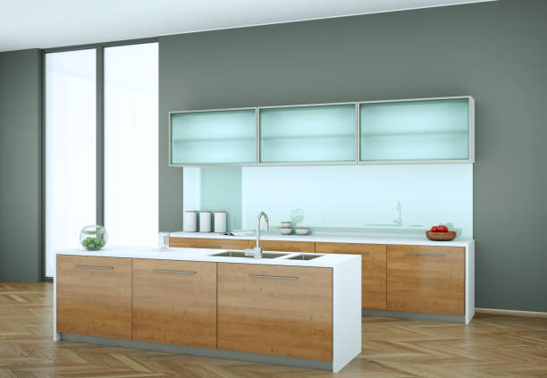 istock Wooden modern kitchen in a loft with grey wall 999504998