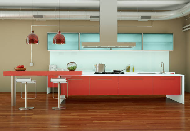 istock Red modern kitchen in a house with a beautiful design 999525110