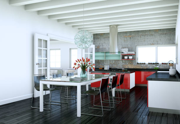 istock Red modern kitchen in a house with a beautiful design 999528250