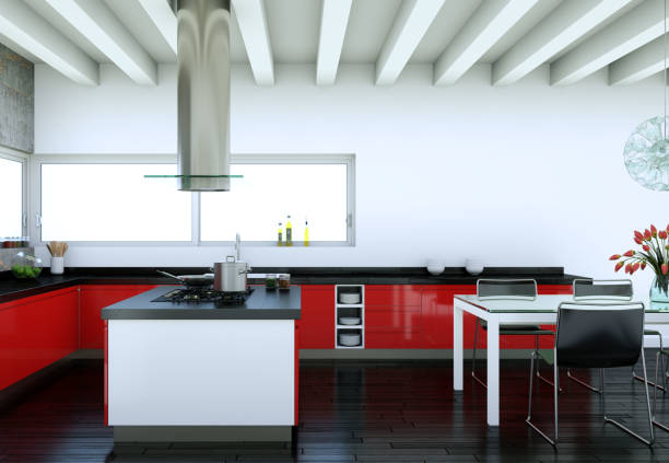istock Red modern kitchen in a house with a beautiful design 999528330