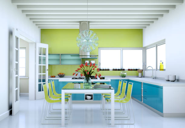 istock Green blue modern kitchen in a house with a beautiful design 999528424