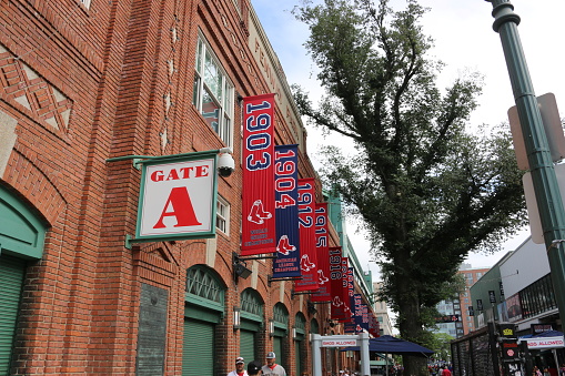 Boston, USA- June, 2018: Gate and banners the Red Sox won the world series outside fenway park in boston