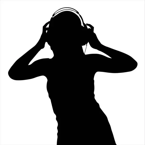 Vector illustration of Teen girl in headphones silhouette vector