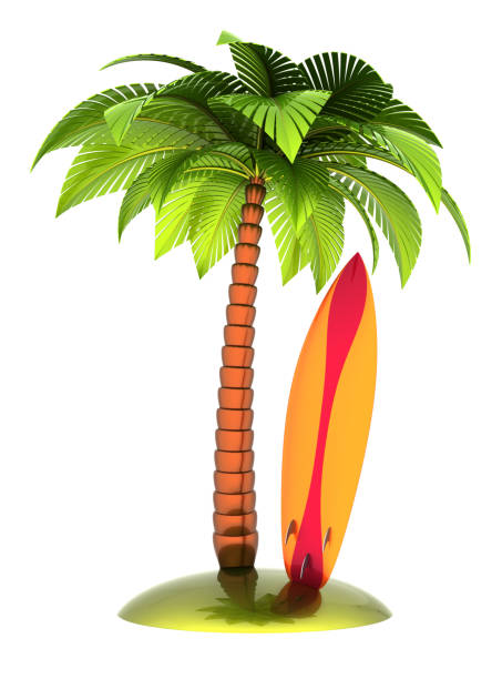 istock palm tree surfboard on island beach stylized. summer vacation 999639910