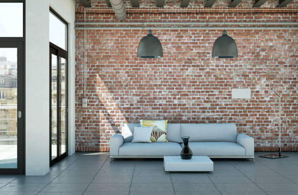 istock Modern minimalist living room interior in loft design style with sofas 999660944