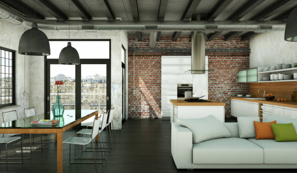 istock Modern minimalist living room interior in loft design style with sofas 999661220