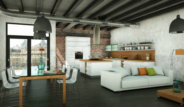 istock Modern minimalist living room interior in loft design style with sofas 999661312