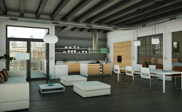 istock Modern minimalist living room interior in loft design style with sofas 999663730