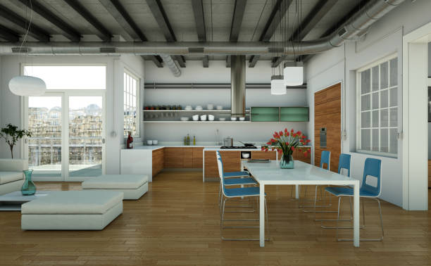 istock Modern minimalist living room interior in loft design style with sofas 999664030