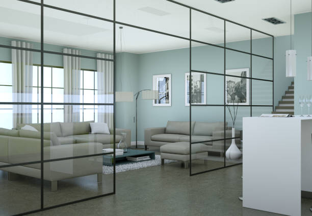 istock Modern minimalist living room interior in loft design style with sofas 999675926