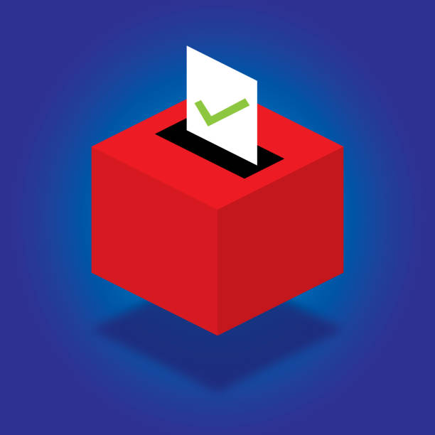 Ballot Box Isometric Vector illustration of a red ballot box with check marked piece of paper against a blue background. governor stock illustrations