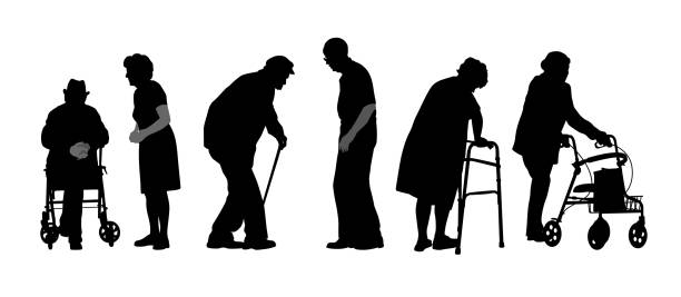 Stubborn Seniors group of elderly people strugglin with mobility outline silhouette black and white adults only stock illustrations