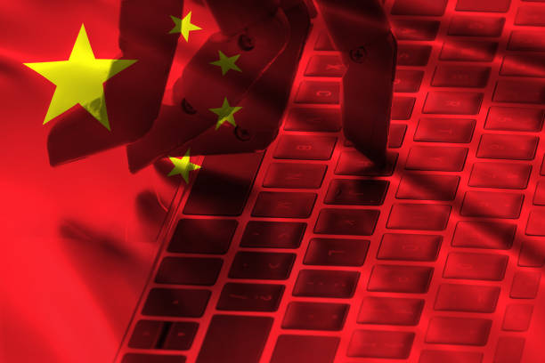 istock Trade war tariffs. China artificial intelligence disruption everything industry 4.0 in global race ai dominance , neural network , deep learning concept. .Flag and robot hand. 999681292
