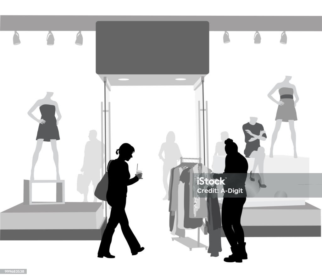 Sale Rack Clothes Attention Women in front of a clothing store with mannequins in the display window Artist's Figure stock vector