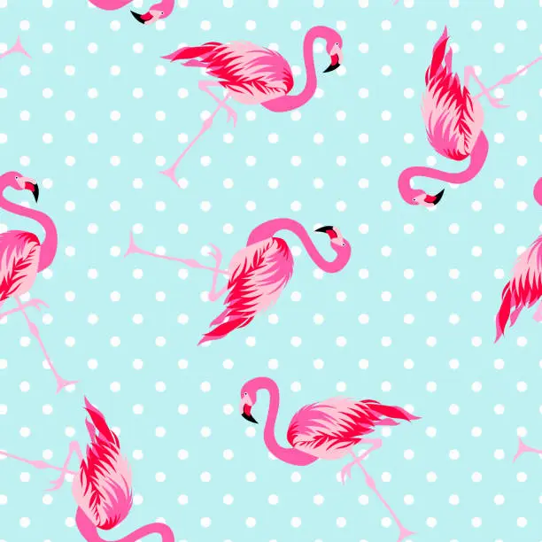 Vector illustration of Cute flamingo seamless pattern with polka dot background