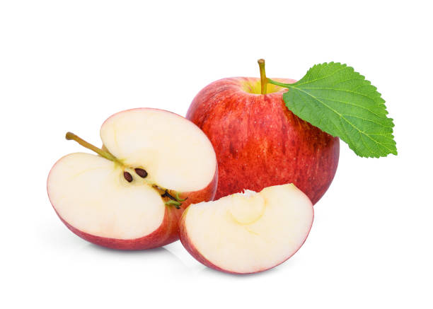 istock whole,half and slice red gala apple with green leaf isolated on white background 999710270