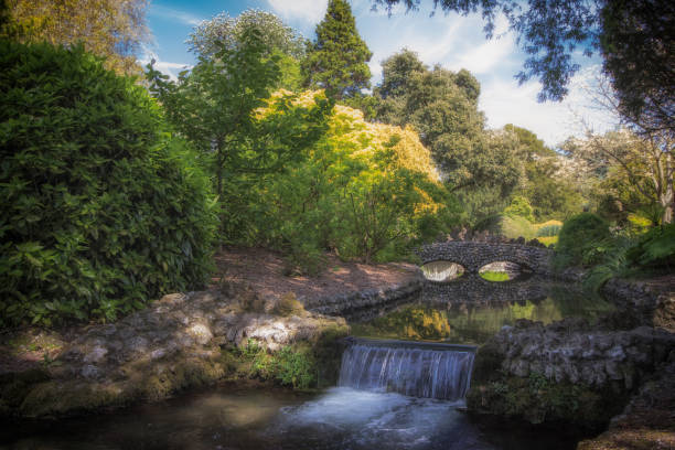 istock Idyllic picturesque landscape with waterfall and beautiful stone bridge 999737090
