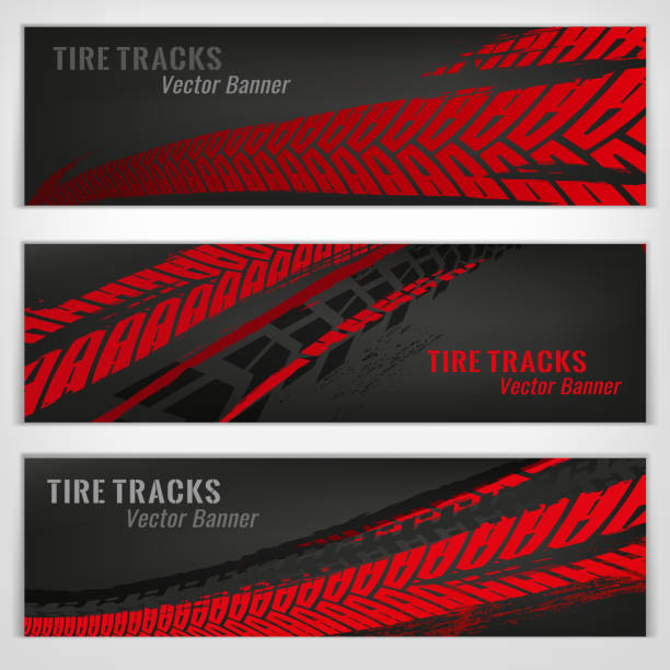 Tire track banners Vector automotive banners template. Grunge tire tracks backgrounds for landscape poster, digital banner, flyer, booklet, brochure and web design. Editable graphic image in grey and red colors tire vehicle part stock illustrations