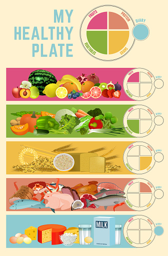 Healthy eating plate concept. Infographic chart with proper nutrition proportions. Food balance tips. Vector illustration isolated on a light beige background. Vertical poster.