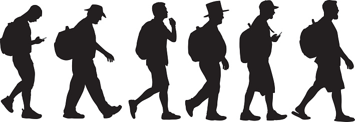 Vector illustration of six men walking while wearing backpacks.