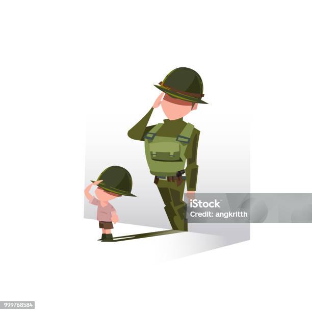 Boy With His Shadow As Soldier Future Career Dreaming Conept Small Kid Wants To Be A Soldier In The Future Vector Stock Illustration - Download Image Now