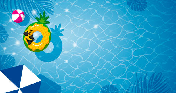 Pineapple inflatable in swimming pool with shadow tropical leaves vacation summer vector illustration Pineapple inflatable in swimming pool with shadow tropical leaves vacation summer vector illustration holiday vacations party mirrored pattern stock illustrations