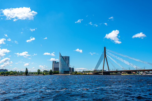Daugava River and Riga Latvia Bridge and Skyline