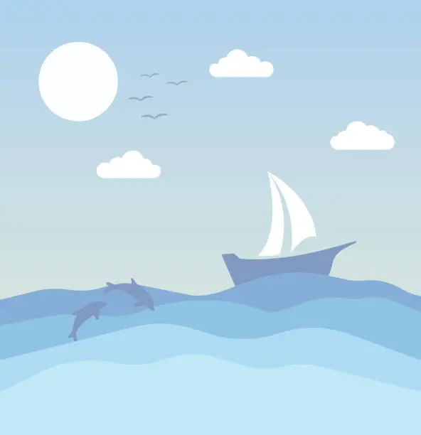 Vector illustration of Vector illustration abstract background with Little Birds Ship and Dolphins