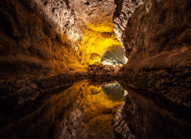 Water reflection causes optical illusion in Cueva de Los Verdes,  Natural Volcanic Caveâ on Lanzarote island, Spain. wonderland concept