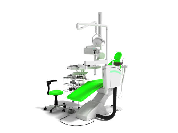 istock Modern green chair for dentist with white bedside table with tools and lighting for dental work 3d render on white background with shadow 999794440