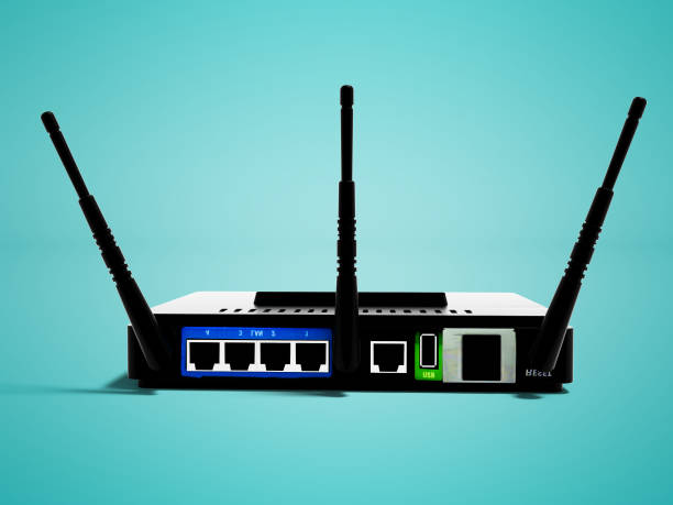 istock Modern black wifi router three antennas on three computers behind 3d rendering on blue background with shadow 999794470