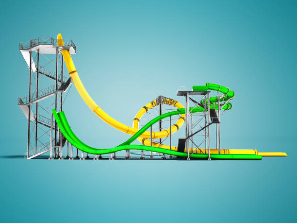 istock Modern two yellow and green water slides for water park on the side 3d render on blue background with shadow 999794570