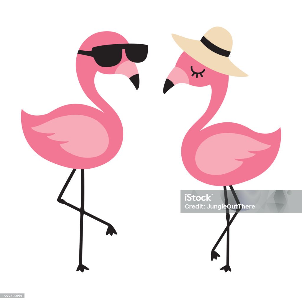 Flamant rose portant des lunettes de soleil et chapeau en été - clipart vectoriel de Flamant libre de droits