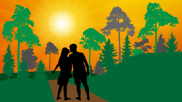 ilustraciones, imágenes clip art, dibujos animados e iconos de stock de amor pareja (hombre y mujer) camina en el parque (bosque) y besos. silueta, vector. - silhouette kissing park sunset