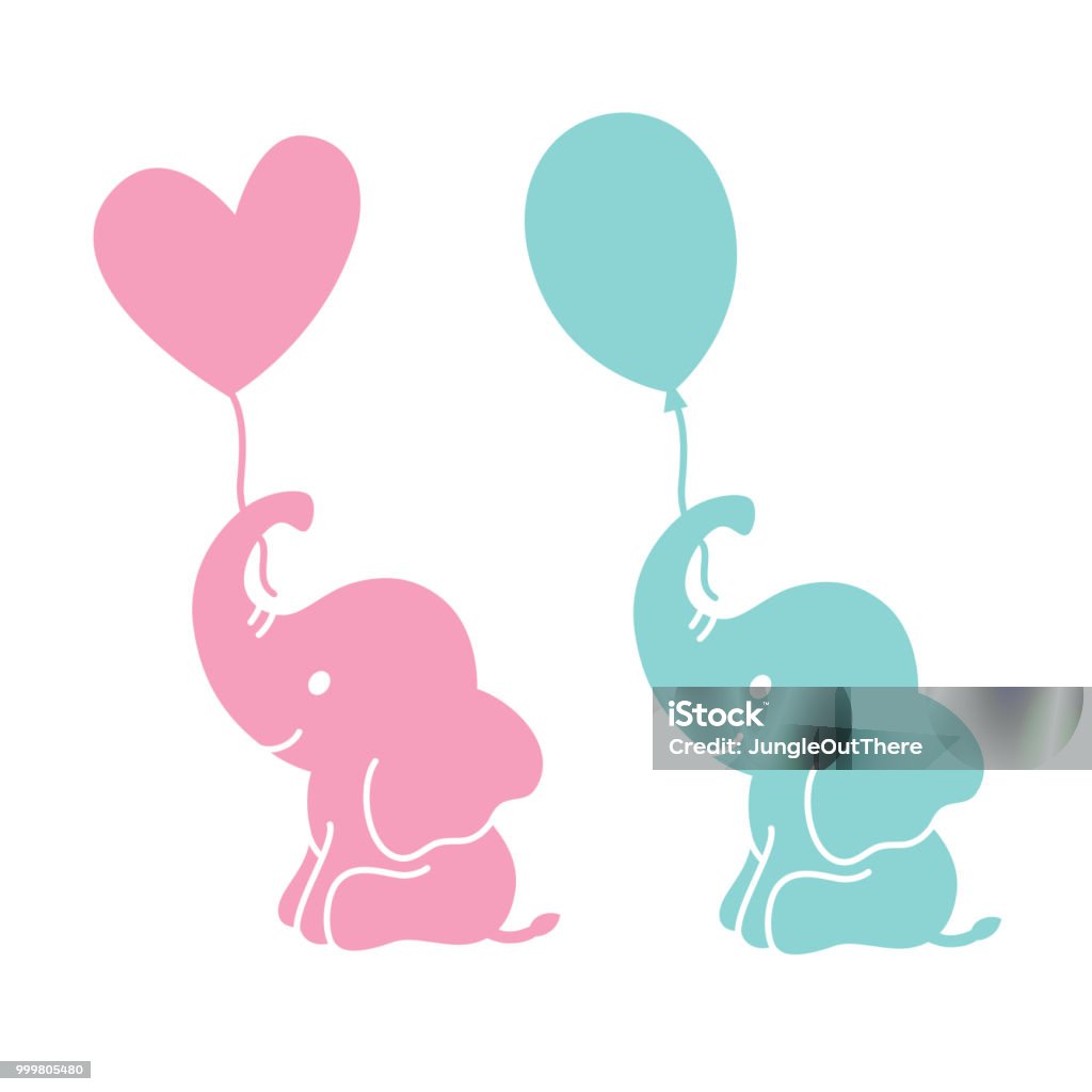 Cute Baby Elephant Holding Balloons Silhouette Cute baby elephants holding heart shape and oval balloons silhouette vector illustration. Elephant stock vector
