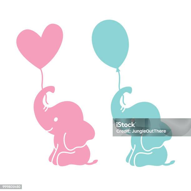 Cute Baby Elephant Holding Balloons Silhouette Stock Illustration - Download Image Now - Elephant, Cute, Baby - Human Age