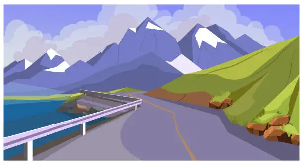 Vector illustration of Mountain road with railing vector illustration
