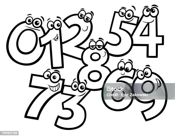 Cartoon Basic Numbers Group Coloring Book Stock Illustration - Download Image Now - Black And White, Mathematics, Counting