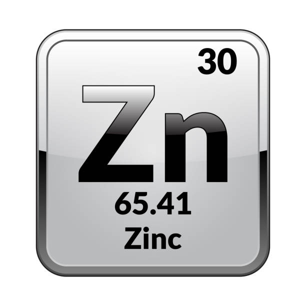 The periodic table element Zinc.Vector. Zinc symbol.Chemical element of the periodic table on a glossy white background in a silver frame.Vector illustration. zinc element stock illustrations