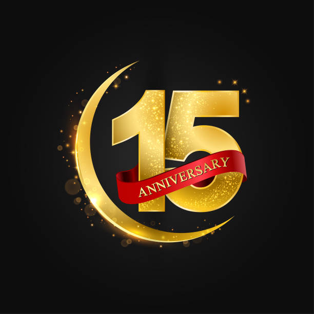 Eid al adha 15 years anniversary Eid al Adha 15 years anniversary.Pattern with arabic golden, gold half moon and glitter.Vector illustration of greeting cards, covers, prints. circa 15th century stock illustrations