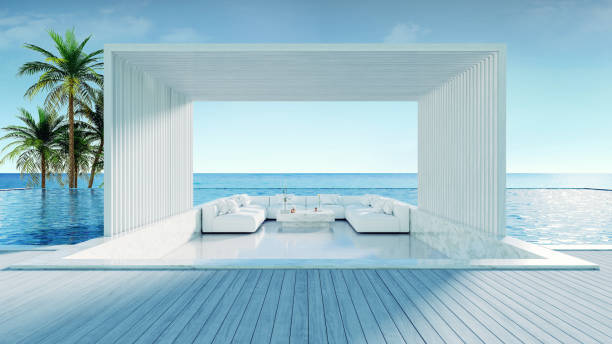 istock Relaxing summer beach , Sunbathing deck and private swimming pool with Palm trees near beach and panoramic sea view at luxury house /3d rendering 999824544
