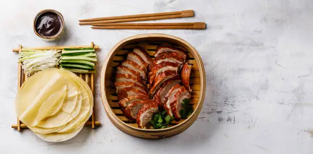 Sliced Peking Duck in bamboo steamer served with fresh cucumber, onion, cilantro, Hoysin sauce and roasted wheaten pancakes on white wood background copy space