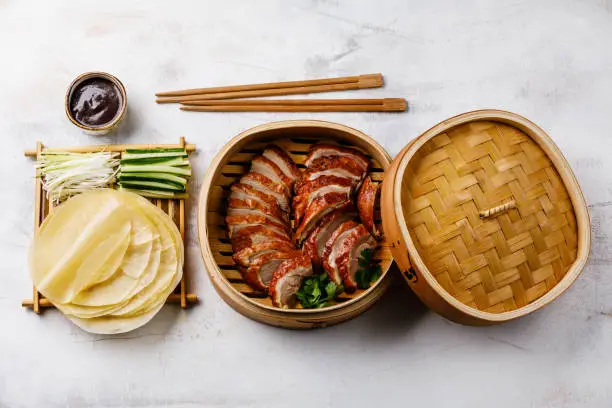 Sliced Peking Duck in bamboo steamer served with fresh cucumber, onion, Hoysin sauce and roasted wheaten pancakes on white wooden background