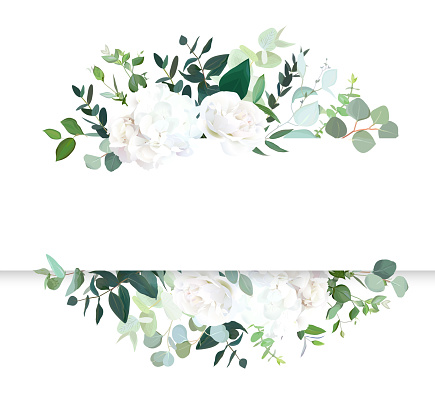 Wedding floral horizontal vector design banner. White rose and hydrangea, mint eucalyptus, rustic greenery. Watercolor style collection. Mediterranean tree. All elements are isolated and editable