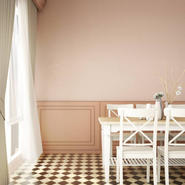 istock interior design for dining area with deep pink wall , armchair,plant,on tile floor and classic wall background / 3d illustration,3d rendering 999842242