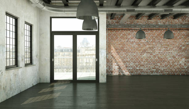 istock Empty loft with weathered walls, windows and parquet 999846240