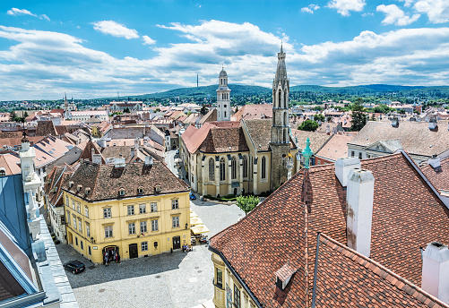 Historic Main square from Fire tower, Sopron, Hungary. Travel destination. Architectural theme.