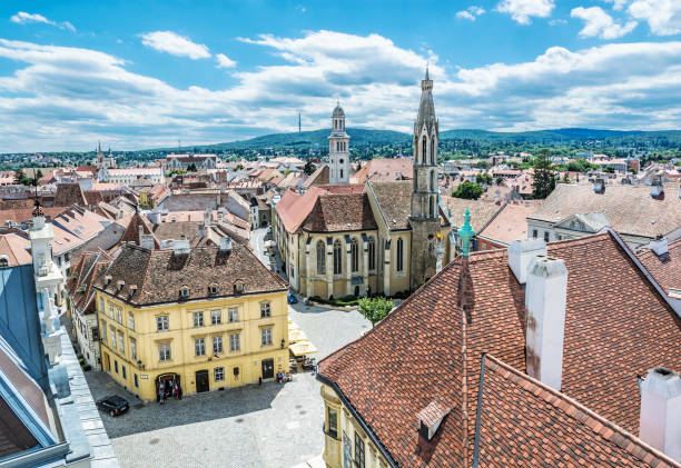 Historic Main square from Fire tower, Sopron, Hungary stock photo