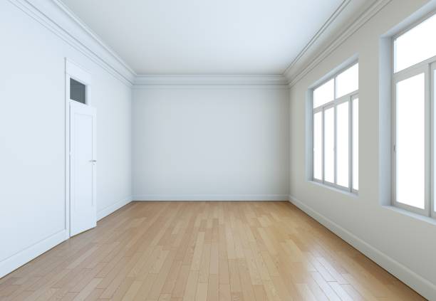 istock Empty room with white walls, windows and parquet 999851458